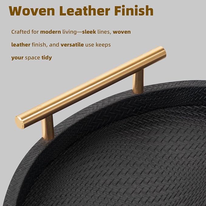 2 Piece Black Round Serving Tray with Handles, Woven-Texture Faux Leather Ottoman Tray for Living Room, Decorative Tray for Coffee Table Home Decor