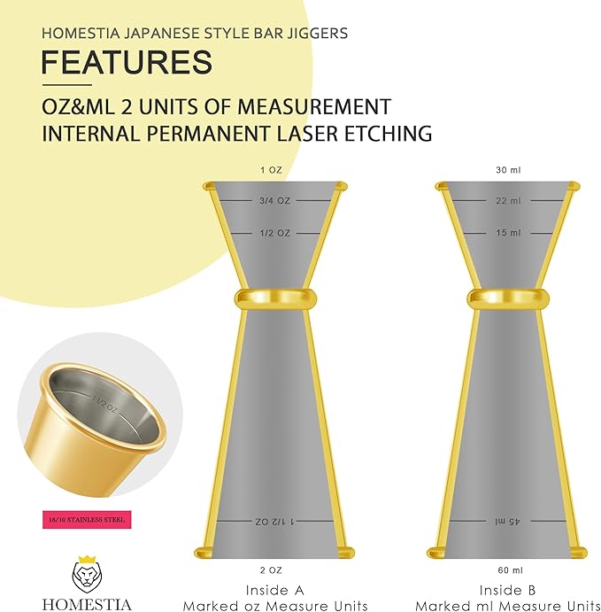 Homestia Muddler for Cocktails Set, 304 Stainless Steel 10" Bar Muddler &12" Cocktail Spoon & Double Jigger, 3 PCS Cocktail Set for Margaritas, Mojitos and Fruit Drinks Bar Tool Set (Gold)