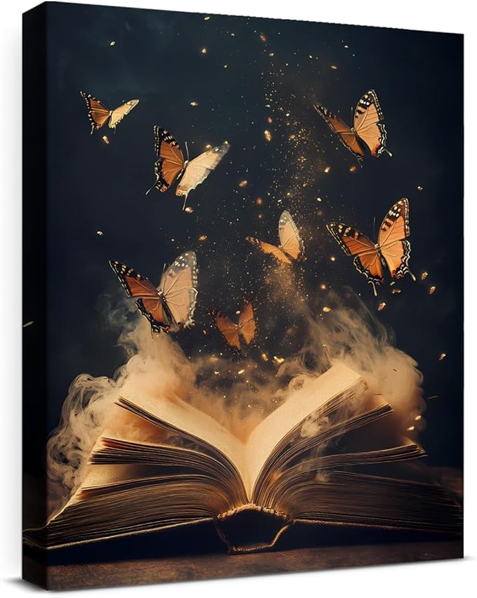 Aesthetic Book Butterflies Wall Art Decor Vintage Dark Academia Canvas Print Poster Framed Picture Painting for Home Reading Corner Library Decor 8x10 Inch, Gifts for Book Lovers Bookworms