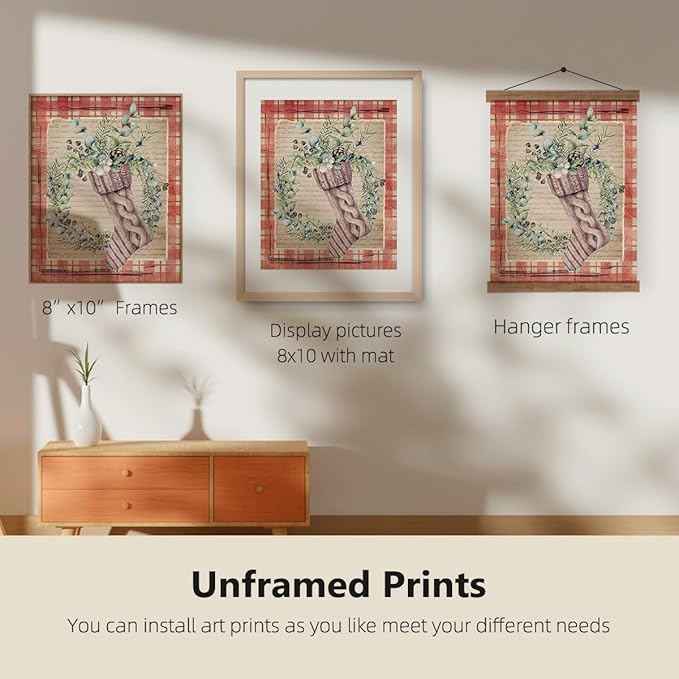 ETVISO Vintage Christmas Wall Art Prints Set of 4, Red Christmas Decor, Retro Christmas Garland Poster, Winter Holidays Gift Print Decor for Gallery Living Room Bathroom, 8x10 (Unframed)