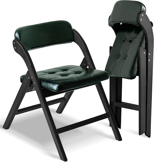 Wood Folding Chairs with Padded Seats, Wooden Folding Chairs Set of 2, Foldable Dining Chair with Cushion, Stackable Extra Chair for Indoor Outside Events, Party, Wedding (Black Green)