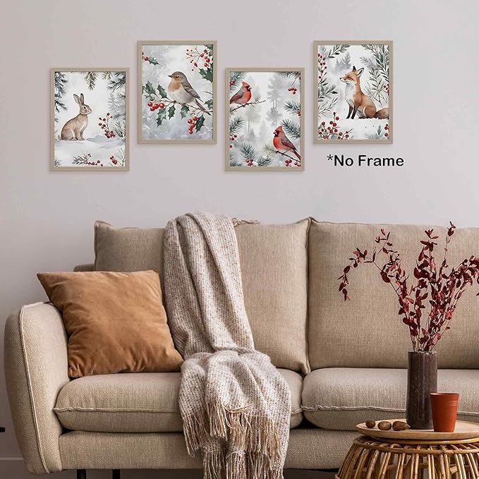 TLESKE Winter Christmas Woodland Animals Posters Prints Unframed Set of 4 for Home Bedroom Living Room Nursery, Snowy Forest Jungle Wall Art Prints Decor, Hare Rabbit Bunny Fox Birds Cardinal Wall Pictures, 12x16