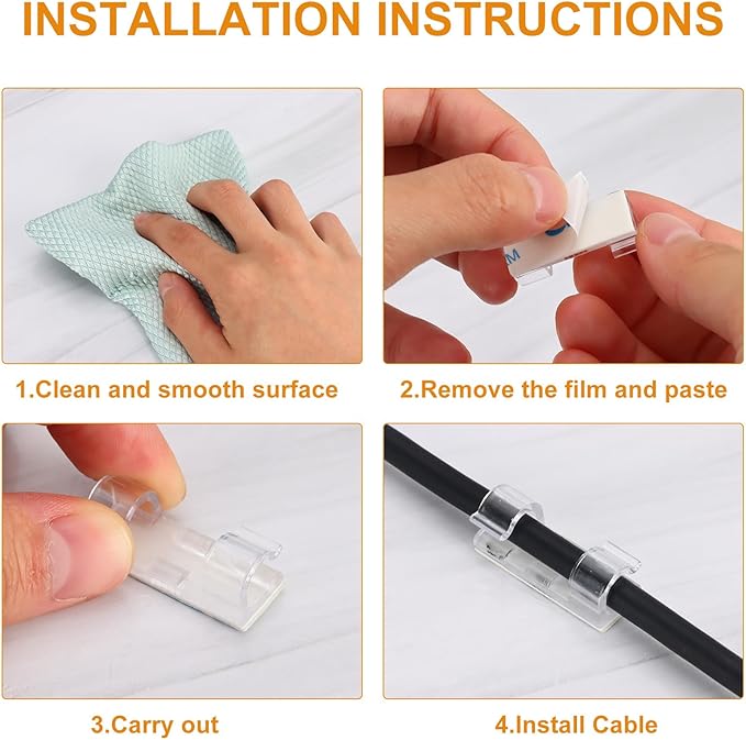 60 Pcs Clear Cable Clips with 3M Adhesive, Wire Holders Under Desk, Cord Management for Wall, Car, Ethernet, PC, Christmas Light Indoor/Outdoor