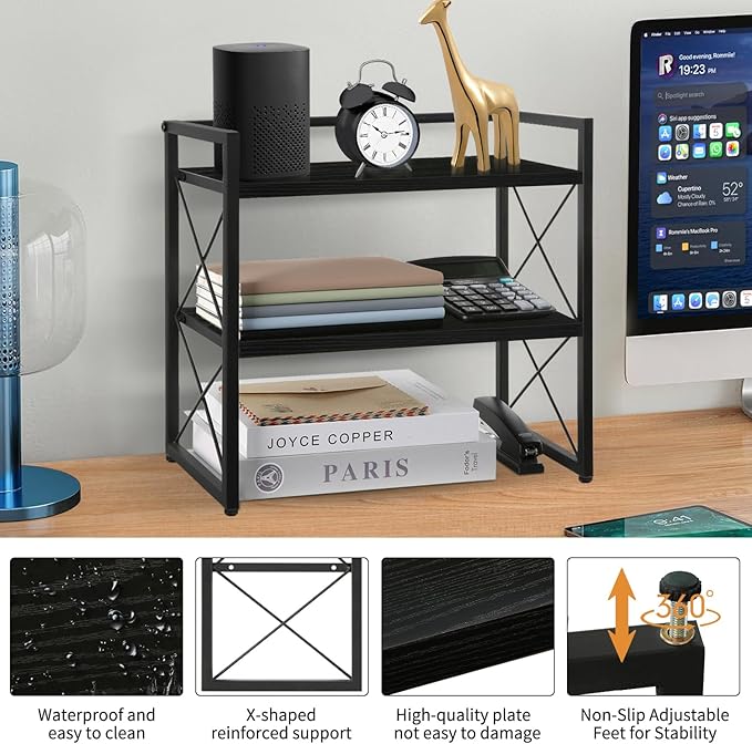 YINMIT Desktop Shelf Organizer, 2 Tier Office Shelves, Wood Desk Organizer Storage Rack and Freestanding Display Shelf for Office, Dormitory, Home(Black)