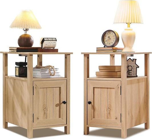 Farmhouse Nightstands Set of 2, Narrow Bedside Table with Charging Station, Night Stand Set 2 with Storage & Open Shelf, End Tables w/Groove Barn Door for Bedroom, Living Room-Natural