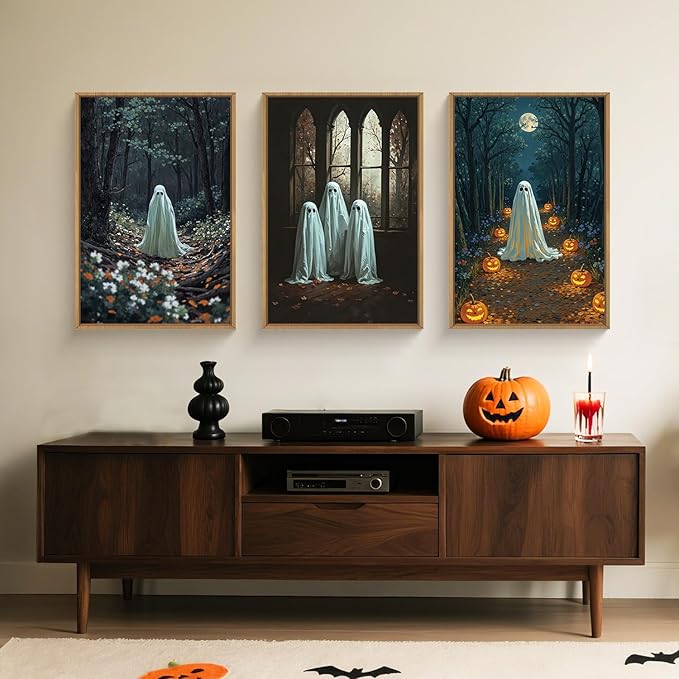 3Pc Halloween Cute Ghost Framed Wall Art Set, Scary Forest and Pumpkin Wall Decor, Horror Moon Night Wall Painting, Gothic Spooky Art Print for Living Room, Bedroom, Party, Basement 16×24inch