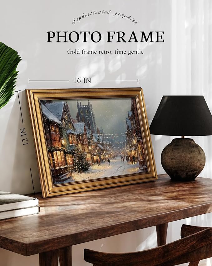 VIYYIEA Vintage Gold Framed Wall Art for Living Room, Christmas Canvas Prints Home Decor, Oil Painting Picture, Bedroom Wall Decor Gifts for Friends or Family -【A Cold Snowy Night】-(16L x 12W)