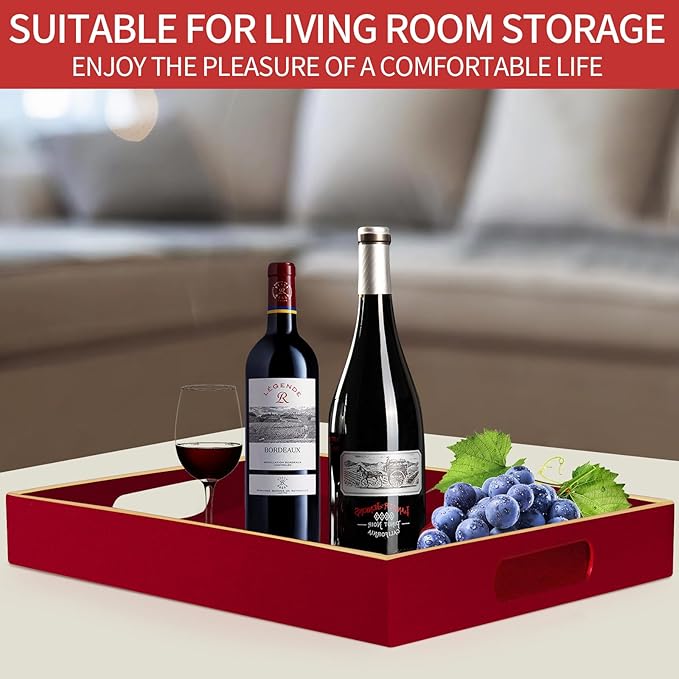 Sturdy Acrylic Serving Tray with Handles-15.7x11.8Inch, Morden Plastic Rectangular Serving Tray for Coffee Table Bathroom, Ottoman, Home Decor (Rectangular - Red)