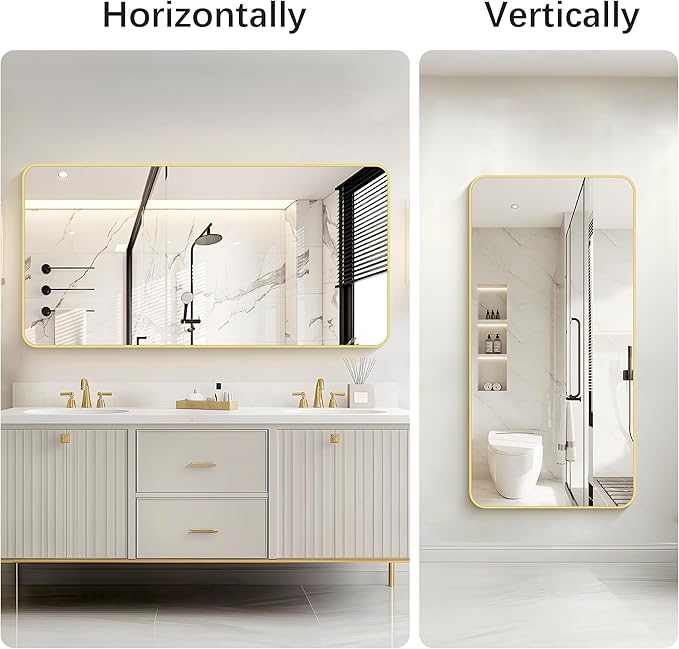 30"x60" Gold Bathroom Mirror, Large Rectangle Mirror, Rectangular Wall Mirror, Rounded Corner Vanity Mirror with Aluminum Metal Frame for Bathroom Bedroom Living Room