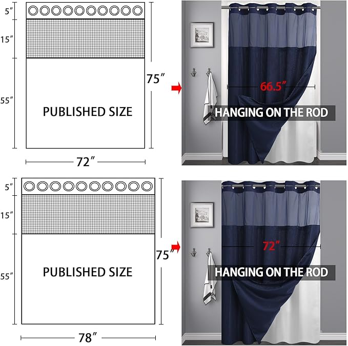 YellyHommy No Hook Shower Curtain with Snap in Liner Set Less Time Blue Waffle Shower Curtain for Bathroom 75" L x 78" W