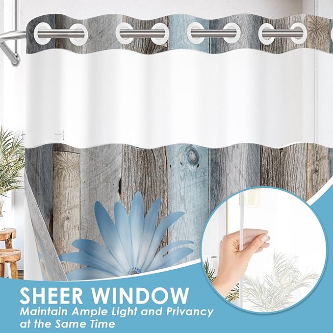 No Hook Rustic Farmhouse Shower Curtain with Snap in Fabric Liner Set, Blue Daisy Flowers and Butterfly on Wooden Double Layers Waterproof with See Through Top Bath Curtain 71x86 Inch