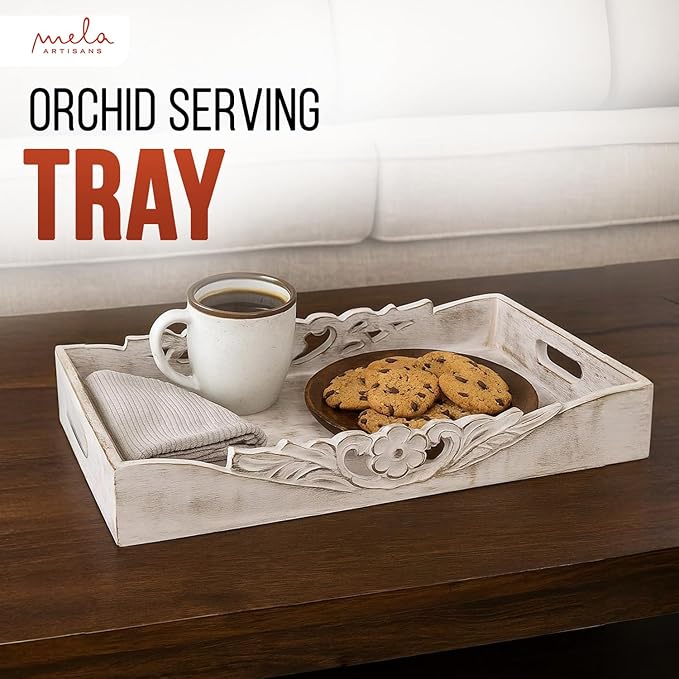 Mela Artisans Distressed White Wooden Decorative Tray with Handles | 16x12x2.5 Mango Wood Ottoman Tray | for Kitchen Countertop | Coffee Table | Snacks | Desserts | Breads | Bedroom Decor