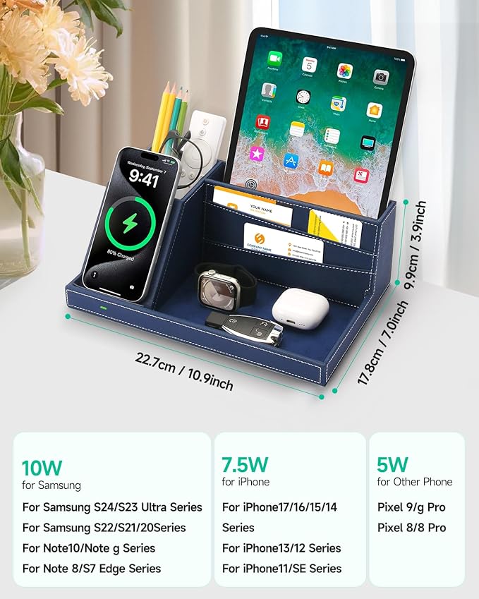 Desk Organizer with Charging Station, Nightstand Organizer Phone Docking Station, Men Gift Husband Wife Anniversary Dad Birthday Nightstand Purse Father Graduation Male Travel Idea Gadgets