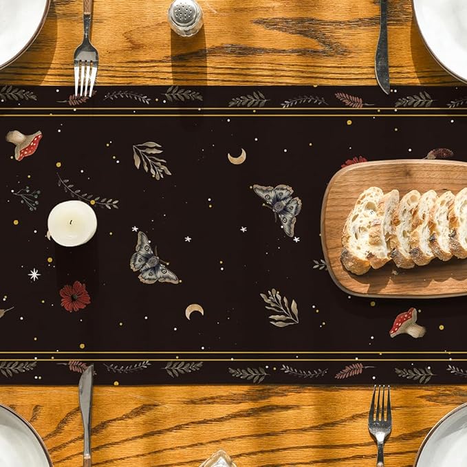 Artoid Mode Poppy Moth Mushroom Moon Fall Table Runner, Seasonal Autumn Kitchen Dining Table Decoration for Home Party Decor 13x72 Inch