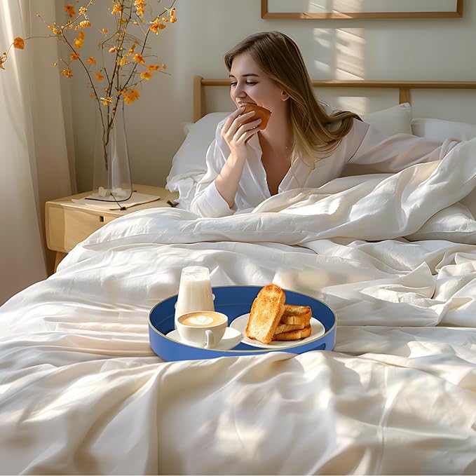 MAONAME 13" Blue Round Tray, Navy Serving Tray with Handles, Modern Decorative Tray for Coffee Table, Plastic Tray for Ottoman, Bathroom, Decor