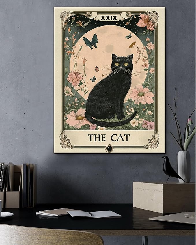 Aesthetic Cat Tarot Wall Art Decor Witchy Cat Moon Flowers Tarot Card Canvas Print Poster Framed Painting Wall Decorations for Home Living Room Bedroom 11x15 Inch, Mystical Cats Lover Gifts