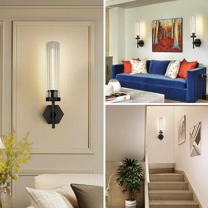 Crystal BathroomVanity Wall Sconces Set of Two Black Modern Bathroom Wall Sconces,12.59in Crystal Vanity Lights Fixture,Indoor Sconces Wall Lighting For Bedroom,Hallway,Staircase,Living room
