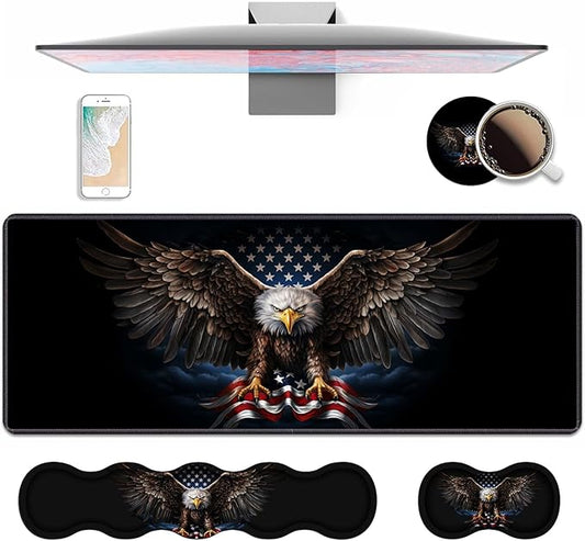 4 in 1 Ergonomic Keyboard Wrist Rest & Mouse Pad Wrist Rest Set, Large XXL Gaming Desk Mat 31.5"x 11.8" with Non-Slip Base, Memory Foam for Home Office Study Gaming, American Flag Bald Eagle