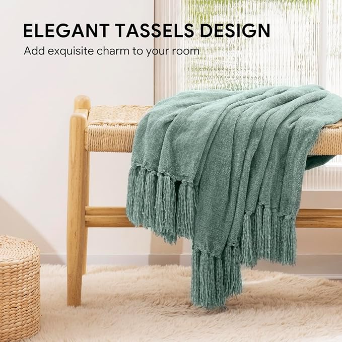 RECYCO Throw Blanket Soft Cozy Chenille Throw Blanket with Fringe Tassel for Couch Sofa Chair Bed Living Room Gift (Sage, 50'' x 60'')