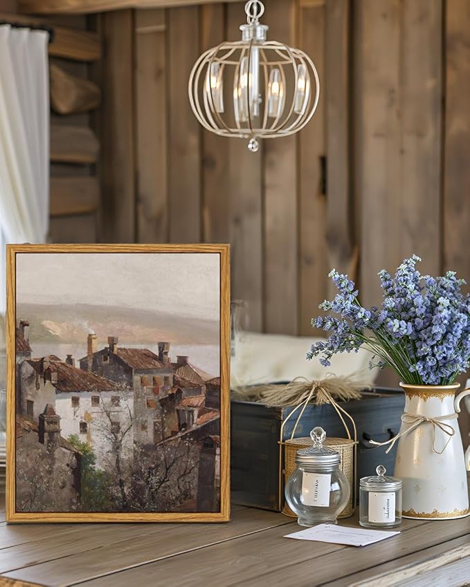 VIYYIEA Vintage Framed Canvas Wall Art, European Towns Landscapes Art, Living Room Hallway Bedroom Library Rustic Retro Neutral Decor, Antique Country Town Picture Paintings,12x16 Inch