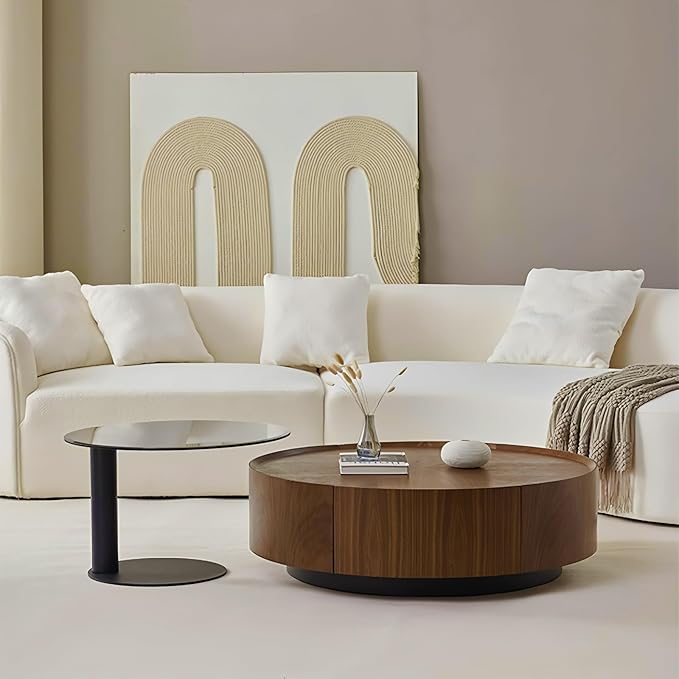 Luxury Solid Wood Coffee Table with Hidden Drawer, Fully Assembled Square Center Table for Living Room, Raised Edge Design, No Installation Needed, Premium Walnut Finish (35.43" Round Coffee Table)