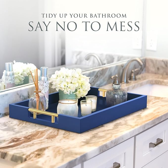 Wood Serving Tray with Gold Polished Metal Handles, Home Decorative Wooden Rectangle Ottoman Decor Platter Bathroom Vanity Tray for All Occasions Gloss Finish, 16"x12", Navy Blue