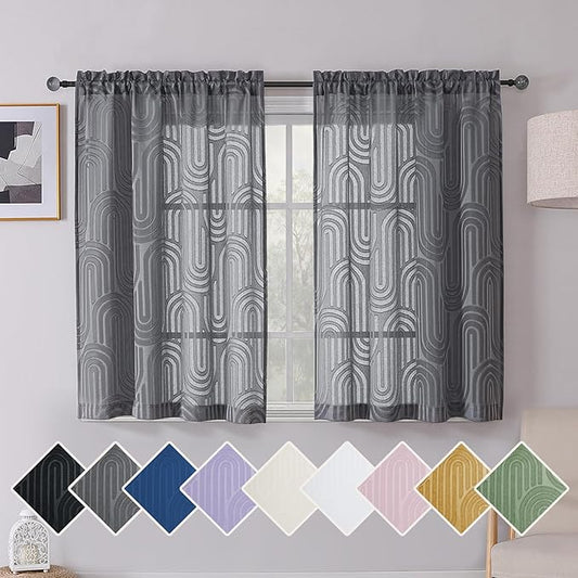 Simplebrand Charcoal Grey Sheer Curtains 45 Inch Length 2 Panels, Geometric Mid Century Jacquard Clip Textured Short Curtains for Bedroom, Light Filtering Rod Pocket Curtains, 42Wx45L Inches