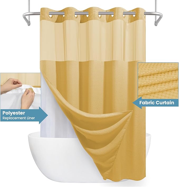 Gold Hotel Shower Curtain - 230GSM Waffle Textured Heavy Duty Thick Fabric Shower Curtains for Bathroom,71W x 74H