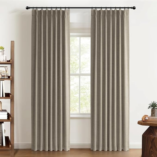 100% Blackout Shield Linen Look Textured Pinch Pleated Curtains Blackout Drapes 120 Inch Long 2 Panels Set, Faux Linen Blackout Curtains for Bedroom & Living Room, 40" W x 120" L, Dark Faux Linen