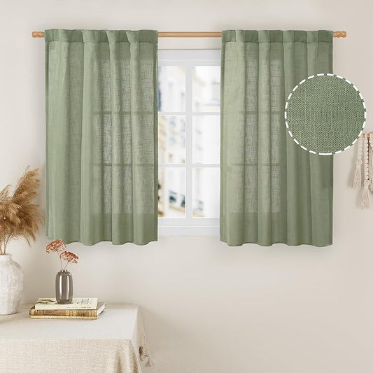 LAMIT Kitchen Linen Curtains 40 Inch Length 2 Panels, Sage Green Semi Sheer Light Filtering Panels Back Tab and Rod Pocket Neutral Drapes for Basement/Window/Loft Room, 34 x 40 Inch