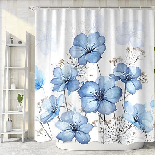 Sanzugh Boho Blue Flower Shower Curtain, Light Blue Watercolor Floral White Art Fabric Shower Curtains Set for Bathroom Decorative with Hooks 72 X 72 inch Beautiful Bath Decor
