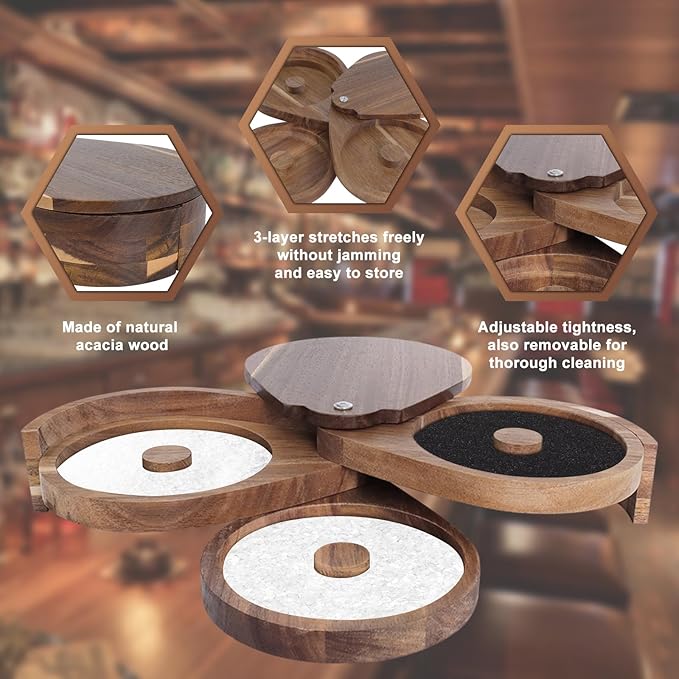 Margarita Salt Rimmer Set 3-Tier Acacia Wood Bar Glass Rimmer with Lid & 6 Sponges Perfect for Margaritas, Bloody Marys, Manhattans Ideal for Home Bars & Parties Brown