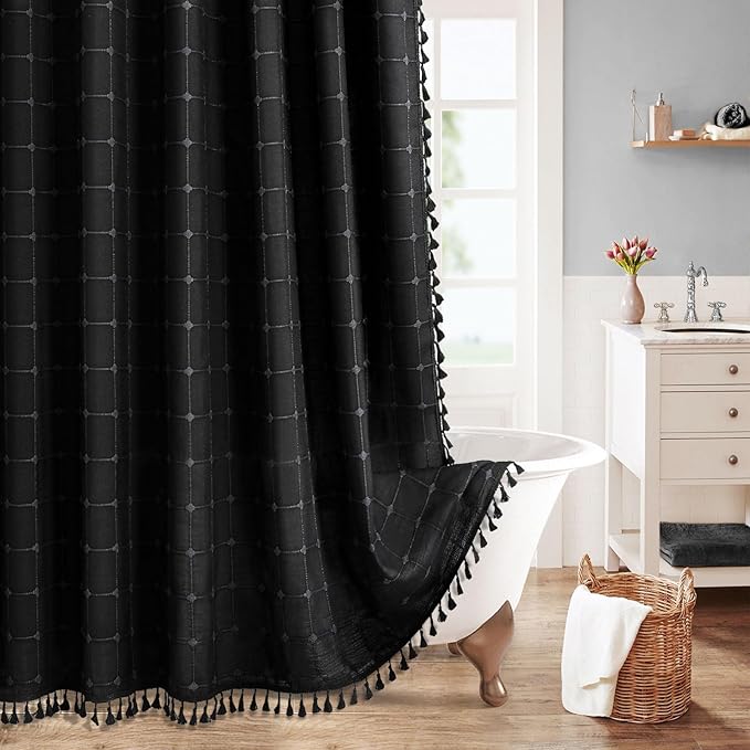 MitoVilla 72 x 78 Black Farmhouse Shower Curtain Set, Boho 78 inch Long Polyester Linen Tassel Fabric Shower Curtain Set for Chic Cottagecore French Rustic Bathroom Decor