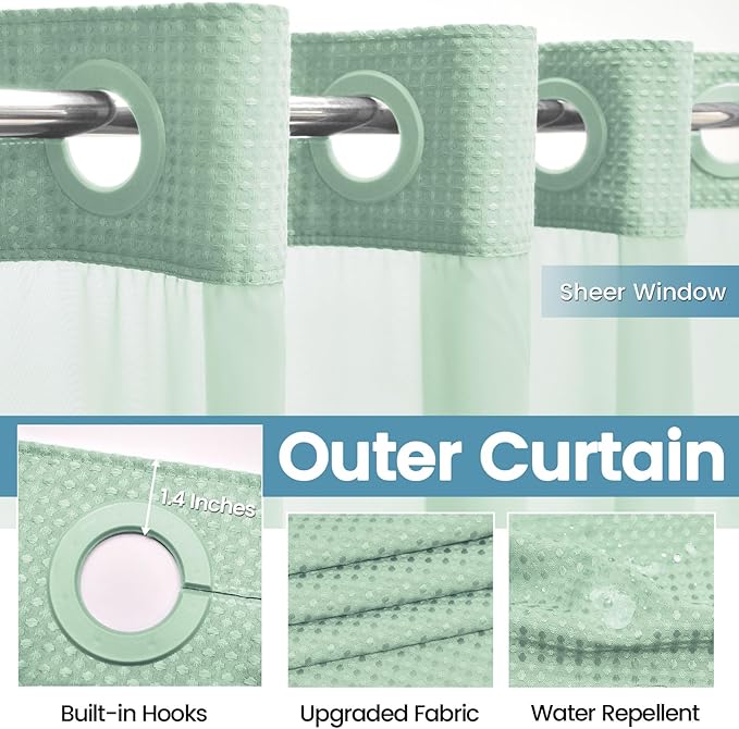 Mint Green Long No Hook Shower Curtain with Snap in Liner,230GSM Waffle Weave Shower Curtains for Bathroom,71W x 86H