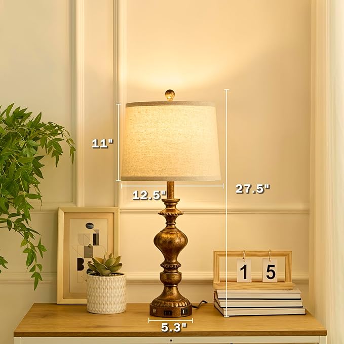 27.5" Farmhouse Table Lamps Set of 2 Bedside Nightstand Lamp with USB C+A Ports & AC Outlet, 3 Way Dimmable Touch Lamps for Bedroom Living Room Office Hallway Rustic Traditional Lamp (Copper)