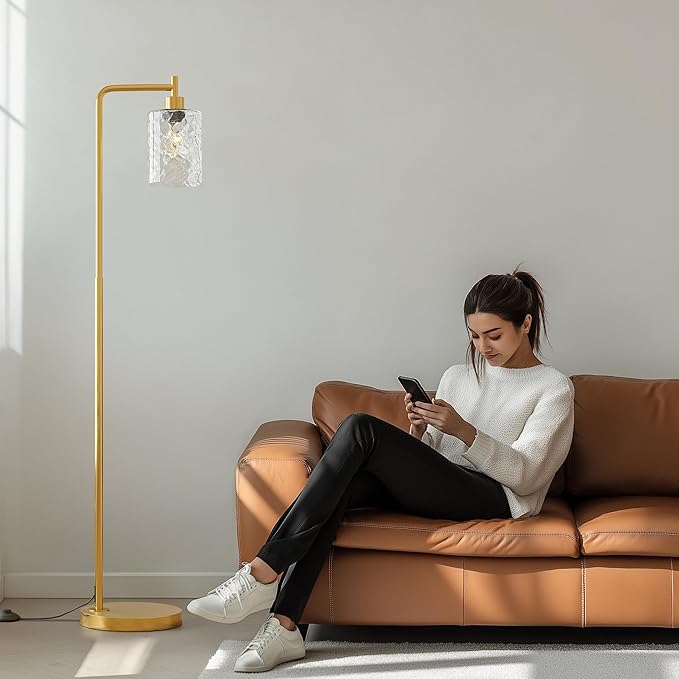 Oneach 66" Gold Floor Lamp for Living Room, Industrial Floor Lamp with LED Bulb, Glass Shade, Foot Switch, Morden Tall Farmhouse Standing Lamps for Bedroom, Office, Study Room