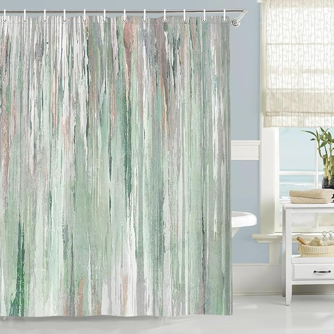 JAWO Abstract Shower Curtain, Modern Aesthetic Stripe Shower Curtain Sets with 12 Hooks for Bathtub Bathroom Gray Green Contemporary Abstract Painting Fabric