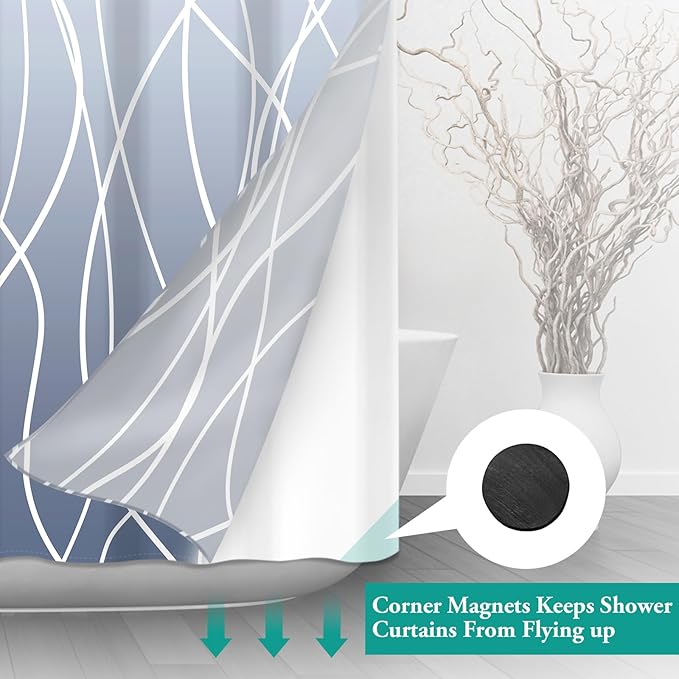 No Hook Ombre Blue Striped Long Shower Curtain with Snap in Fabric Liner Set - Hotel Shower Curtain and Liner Set with See Through Mesh Top Window,Machine Washable, 71x86 INCH