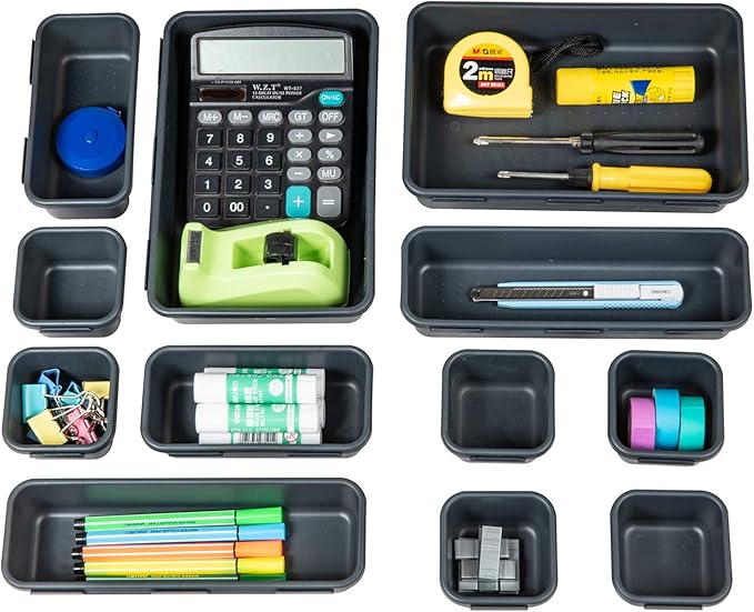 Gonice 18 PCS Black Desk Drawer Organizer Tray, Interlocking Drawer Organizers and Storage with 3 Sizes for Office, Bathroom, Kitchen, Makeup