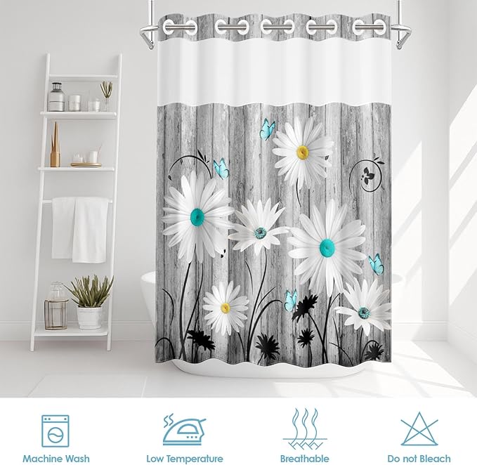 No Hook Flower Daisy Shower Curtain with Snap in Fabric Liner Set, Gray Wooden Boards Double Layers Waterproof Fabric with See Through Top Window Open Grommet Bath Curtain 71x74 Inch