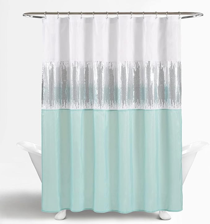 Lush Decor Night Sky Shower Curtain, Single, 72" W x 72" L, White & Blue - Sequin Shower Curtain - Sparkly Color Block Bath Curtain - Modern Glam Bathroom Decor