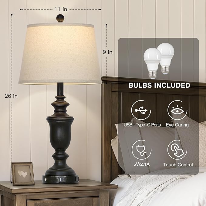 26" Black Table Lamps Set of 2 with USB C+A Ports & AC Outlet for Farmohouse Living Room Retro Bedroom,3-Way Dimmable Touch Lamp Resin Bedside Lamps for Nightstand Side End Table,Black