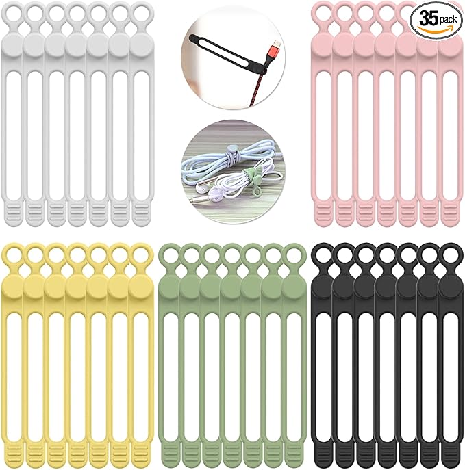 35pcs Silicone Cable Ties,Reusable Cable Management Organizer, Wire Ties，Travel Cord Ties，Cord Organizer for Bundling Cable Cords in Home,Office,Kitchen,School(5 Colors)