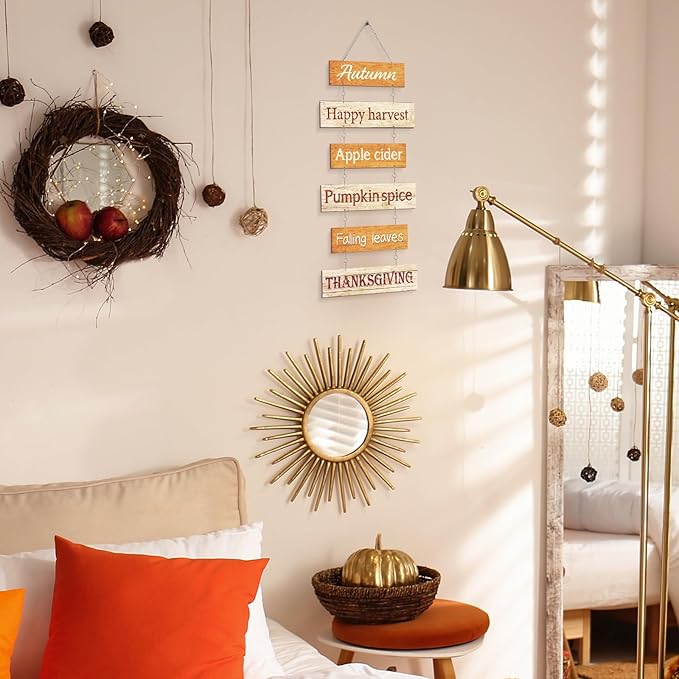 Hotop Fall Decorations for Home Thanksgiving Hanging Signs Wooden Wall Plaque Autumn Wall Hanging Decor for Home Thanksgiving Autumn Office Indoor Outdoor Door Decor Sign (Retro Color)