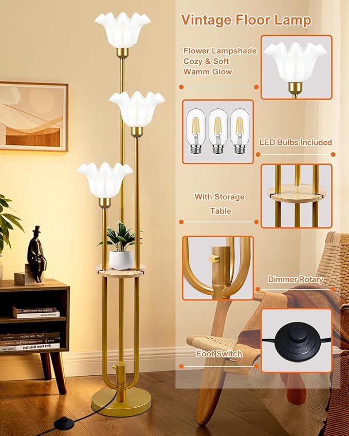 Lightdot Flower Floor Lamp for Living Room, Dimmable Vintage Floor Lamp with Shelf &3 LED Bulbs, 3 Light 3000K Soft Warmwhite Mid Century Gold Standing Lamp, Floral Tall Lamp for Bedroom Office