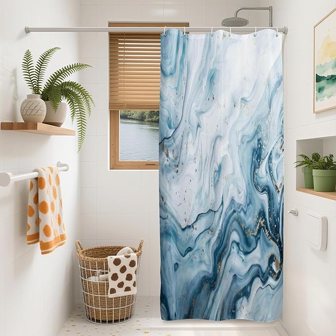 Renaiss Blue Marble Shower Curtain Modern Abstract Blue White Ombre Luxury Art Bathroom Shower Curtain Glitter Waterproof Shower Curtains Set with Hooks Pretty Bathtub Decor 36" W x 72" L