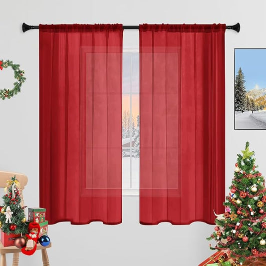 Sheer Curtains 72 Inches Long 2 Panels, Rod Pocket Short Curtain for Kitchen, Bedroom, Cafe Window(Christmas Red 38" W x 72" L)