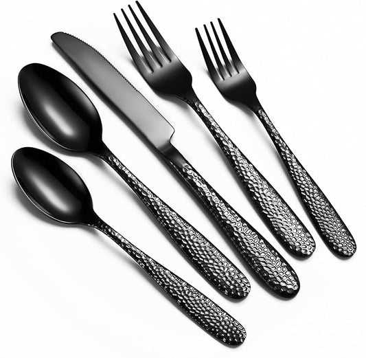 Black Hammered Silverware Set, 20-Piece Heavy Duty Stainless Steel Flatware Sets for 4, Food-Grade Cutlery Set for Home Restaurant, Mirror Polished, Dishwasher Safe