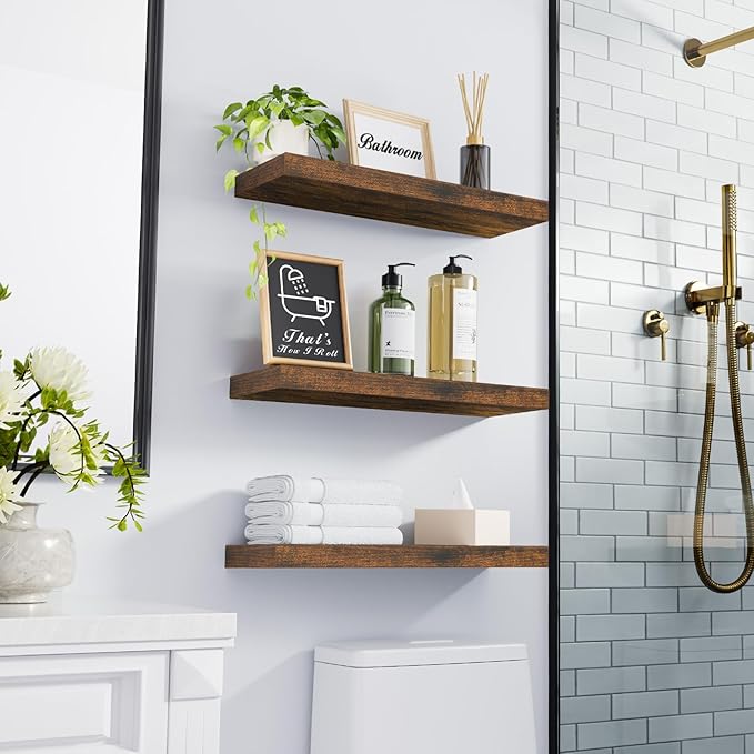 BAYKA Floating Shelves Bathroom for Wall – Shelf Over Toilet Farmhouse Rustic Wood for Bedroom, Kitchen, or Living Room Decor Organization, Halloween Decor Shelves – Rustic Brown, Set of 3