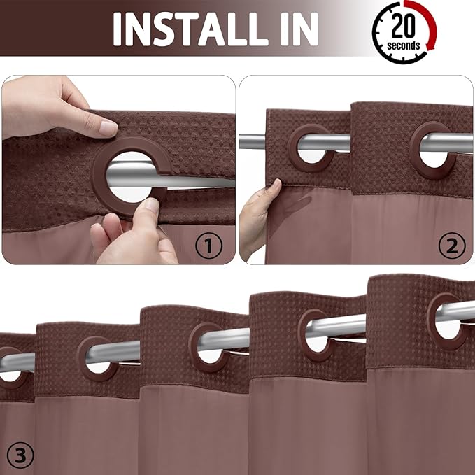 YellyHommy No Hook Shower Curtain with Snap in Liner Set Less Time Brown Waffle Shower Curtain for Bathroom 75" L x 72" W